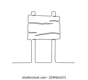 Continuous one line drawing of road direction sign board. Textured wooden sign board information hand drawn vector illustration. 
