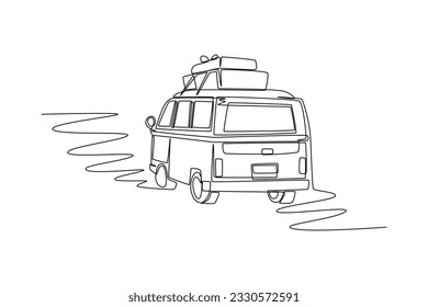 Continuous one line drawing road trip concept. Single line draw design vector graphic illustration.