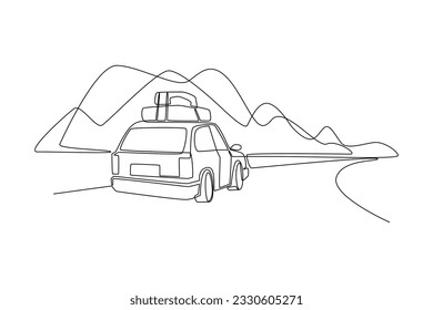 Continuous one line drawing road trip concept. Single line draw design vector graphic illustration.