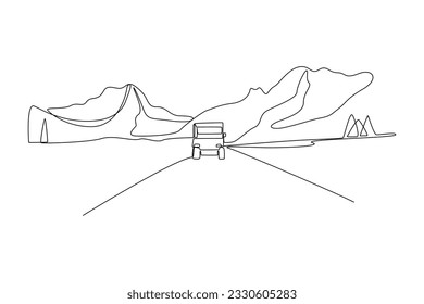 Continuous one line drawing road trip concept. Single line draw design vector graphic illustration.