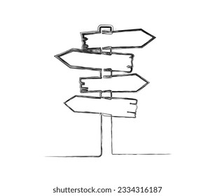 Continuous one line drawing of road direction sign arrows. Textured wooden sign board information hand drawn vector illustration. 