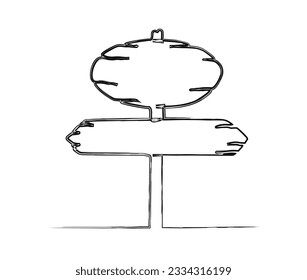 Continuous one line drawing of road direction sign arrows. Textured wooden sign board hand drawn vector illustration. 