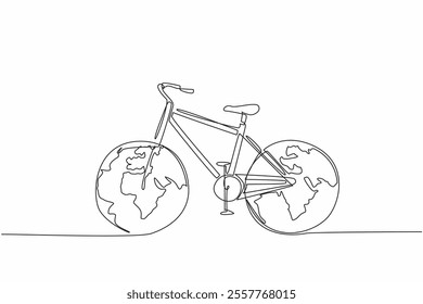 Continuous one line drawing road bike which both tires are globe. Vehicles without pollution smoke. Symbolism. Healthy earth. Environmental. Bicycle Day. Single line draw design vector illustration