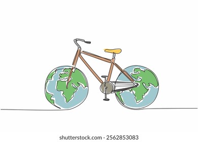 Continuous one line drawing road bike which both tires are globe. Vehicles without pollution smoke. Symbolism. Healthy earth. Environmental. Bicycle Day. Single line draw design vector illustration