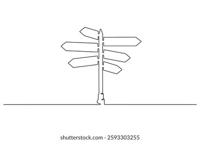 Continuous one line drawing of Road direction. Single line drawing illustration of Road direction sign arrows. Concept for web banner. Doodle line illustration.