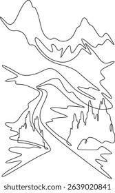 Continuous one line drawing  road leading to beautiful mountains. Mountain highway. Road going up. One continuous line isolated minimal vertical illustration.Not AI.