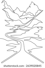 Continuous one line drawing  road leading to beautiful mountains. Mountain highway. Road going up. One continuous line isolated minimal vertical illustration.Not AI.