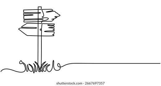  Dibujo continuo de una línea de flechas de dirección de carretera, Ilustración vectorial dibujada a mano con información de tablero de letreros de madera texturizada.