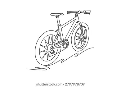Continuous one line drawing road racing bicycle from side view, outlining thin aerodynamic frame structure, drop handlebars, and wire spoke wheels. Single line draw design vector graphic illustration