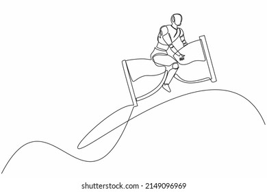 Continuous one line drawing robot riding and flying with hourglass rockets. Humanoid robot cybernetic organism. Future robotics development concept. Single line draw design vector graphic illustration