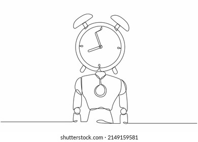 Continuous one line drawing robot with alarm clock instead of head. Future technology development. Artificial intelligence and machine learning process. Single line design vector graphic illustration