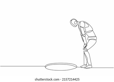 Continuous one line drawing robot standing wondering, looking at big hole. Humanoid robot cybernetic organism. Future robotics development concept. Single line draw design vector graphic illustration