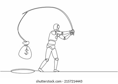 Continuous one line drawing robot holding fishing rod got big money bag from hole. Humanoid robot cybernetic organism. Future robotics development. Single line draw design vector graphic illustration