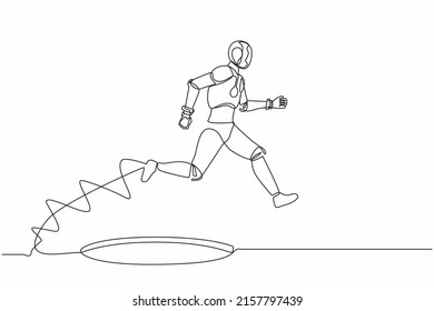 Continuous one line drawing robot jumping through the hole, metaphor to facing big problem. Humanoid robot cybernetic organism. Robotic development. Single line draw design vector graphic illustration