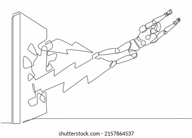 Continuous One Line Drawing Robot Punches And Breaks The Wall. Flying Robot Breaks The Wall. Humanoid Robot Cybernetic Organism. Future Robotic. Single Line Draw Design Vector Graphic Illustration