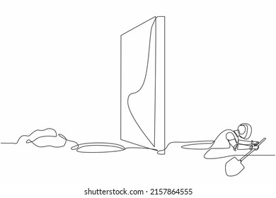 Continuous one line drawing robot digging tunnel under wall or obstacle on border or on path to success. Humanoid robot cybernetic organism. Future robotic. Single line draw design vector illustration