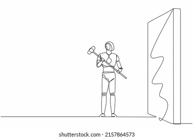 Continuous one line drawing robot standing and holding big hammer while facing wall. Humanoid robot cybernetic organism. Future robotic development. Single line draw design vector graphic illustration