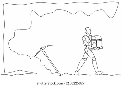 Robot continuo de dibujo de una línea que lleva el cofre del tesoro desde el subsuelo. Robot humanoide organismo cibernético. Concepto futuro de desarrollo robótico. ilustración vectorial de diseño de línea única