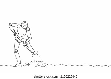 Continuous one line drawing robot step on shovel and digging in dirt to find chest treasure. Humanoid robot cybernetic organism. Future robotics development. Single line design vector illustration