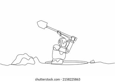 Continuous one line drawing robot digging in dirt using shovel. Humanoid robot cybernetic organism. Future robotics development. Treasure digging. Single line draw design vector graphic illustration