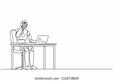 El robot de dibujo continuo de una línea trabaja en una laptop sintiéndose mal, con dolor de cabeza, exhausto. Robot humanoide organismo cibernético. Desarrollo futuro de la robótica. ilustración vectorial de diseño de línea única