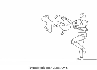 Continuous one line drawing robot throw out pile of money banknotes flying into the air. Humanoid robot cybernetic organism. Future robotics development. Single line draw design vector illustration