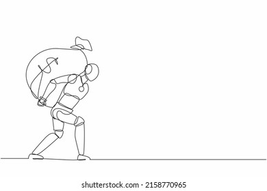 Continuous one line drawing robot carrying big and heavy money bag on his back. Humanoid robot cybernetic organism. Future robotics development. Single line draw design vector graphic illustration