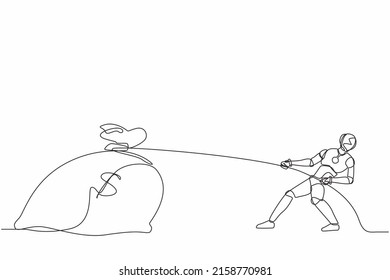 Continuous one line drawing robot struggling to pull big bag of money because it is too heavy. Humanoid robot cybernetic organism. Future robotic. Single line draw design vector graphic illustration
