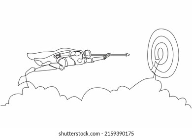 Continuous one line drawing robot superhero flying with arrow forward to goal to achieve success. Humanoid robot cybernetic organism. Future robotic development concept. Single line draw design vector