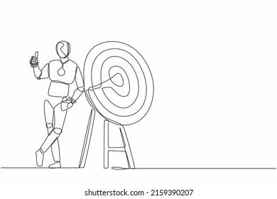 Continuous one line drawing robot standing and leaning at target with thumbs up gesture. Humanoid robot cybernetic organism. Future robotics development. Single line draw design vector illustration