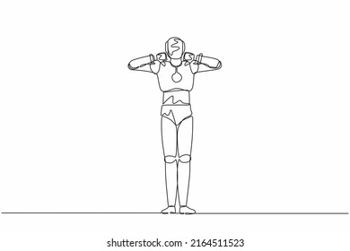 Continuous one line drawing robot showing thumbs down sign gesture. Dislike, disagree, disappointment, disapprove, no deal. Humanoid robot cybernetic organism. Single line design vector illustration