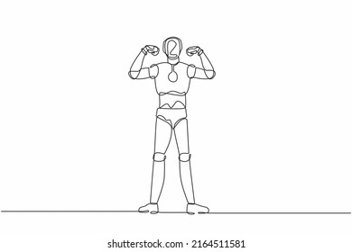Continuous one line drawing robot with gestures two hand fist up. Strong humanoid robot cybernetic organism. Future robotic development concept. Single line draw design vector graphic illustration