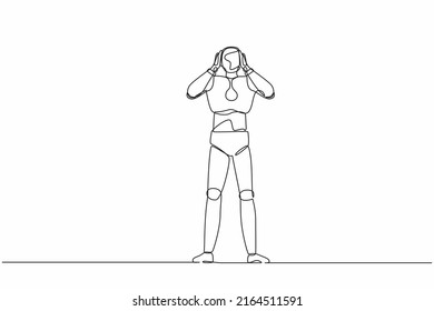 Continuous one line drawing robot covering or closing his ears with hands, making don't hear or listen gesture. Robot cybernetic organism. Future robotic. Single line draw design vector illustration
