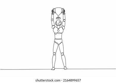 Continuous One Line Drawing Robot Holding Trophy With Two Hands. Showing Award Celebrates His Victory. Humanoid Robot Cybernetic Organism. Future Robotic. Single Line Draw Design Vector Illustration