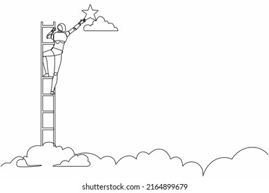 Continuous one line drawing robot standing on stairs and reaching star on the sky. Humanoid robot cybernetic organism. Future robotic development. Single line draw design vector graphic illustration