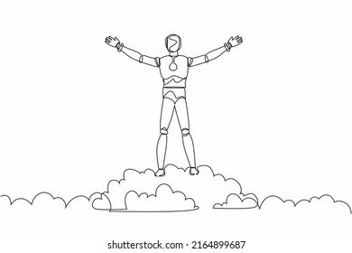 Continuous one line drawing robot on top of cloud with raised hands. Humanoid robot cybernetic organism. Future robotic development. Peaceful, happiness. Single line design vector graphic illustration