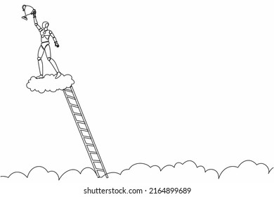 Continuous one line drawing robot climb ladder and holding trophy in cloud. Showing award celebrates his victory in sky. Humanoid robot cybernetic organism. Single line draw design vector illustration