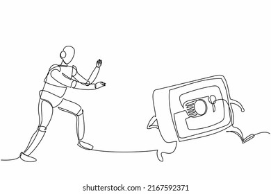 Continuous one line drawing robot run chasing deposit box. Financial security protection. Humanoid robot cybernetic organism. Future robotic development. Single line draw design vector illustration