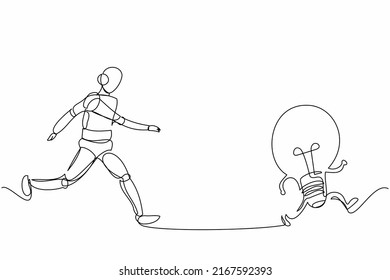 Continuous one line drawing robot chasing light bulb. Innovation for new business ideas. Humanoid robot cybernetic organism. Future robotic development. Single line design vector graphic illustration