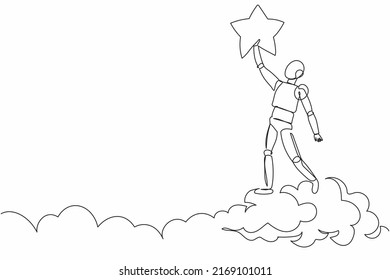 Continuous one line drawing robot reaching star on the sky. Business champion to get reward. Humanoid robot cybernetic organism. Future robotic development. Single line draw design vector illustration
