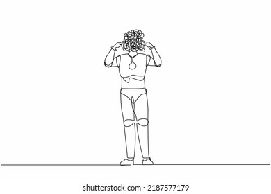Continuous one line drawing robot with round scribbles instead of head, covering his ears with fingers avoiding loud noise. Robotic artificial intelligence. Single line draw design vector illustration
