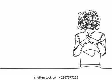 Continuous one line drawing robot with round scribbles instead of head. Sign crossing fingers forming x. Cross, wrong or banned. Humanoid robot cybernetic. Single line draw design vector illustration