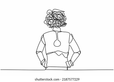 Continuous one line drawing robot with round scribbles instead of head, standing and holding on his hip. Humanoid robot cybernetic. Future robotic development. Single line design vector illustration