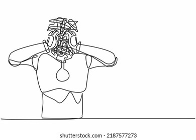 Continuous one line drawing robot with round scribbles instead of head. Confusion and mess feeling, stressed, problem. Humanoid robot cybernetic organism. Single line draw design vector illustration