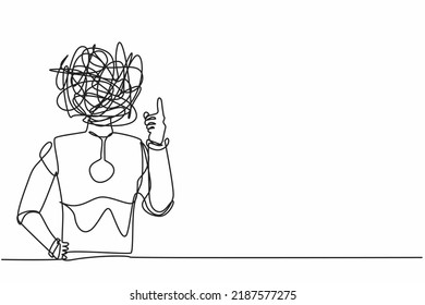 Continuous one line drawing robot with round scribbles instead of head, showing index finger, representing idea, solution. Humanoid robot organism. Single line draw design vector graphic illustration