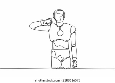 Continuous one line drawing robot standing with thumbs down sign gesture. Dislike, disagree, disappointment, disapprove, no deal. Humanoid robot cybernetic. Single line draw design vector illustration