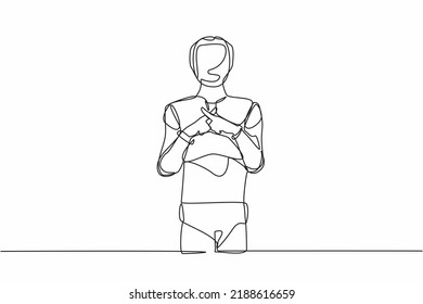 Continuous one line drawing robot standing with crossing fingers forming x. Banned. Say no. Humanoid robot cybernetic organism. Future robotic development. Single line draw design vector illustration