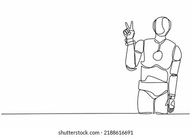 Continuous one line drawing robot standing with v symbol, victory sign, success or winner gesture. Humanoid cybernetic organism. Future robotic development. Single line draw design vector illustration