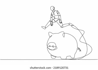 Continuous one line drawing robot jumping over piggy bank. Security of money storage, saving for investment. Humanoid robotic cybernetic organism. Single line draw design vector graphic illustration