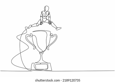 Continuous one line drawing robot jumping over big trophy. Challenge or succeed in business competition. Humanoid robot cybernetic organism. Future robotic. Single line draw design vector illustration